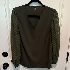Dark Olive Blouse with Scalloped Neckline